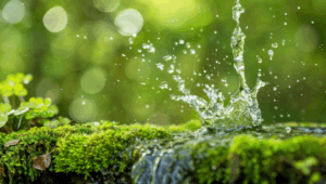 Fresh spring water running onto a mossy rock.