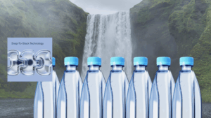 One water's snap-to-stack water bottle design in front of a waterfall.