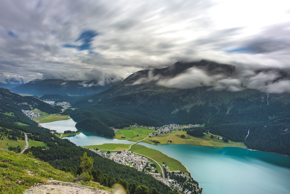 View from above of Silvaplana and Surlej in the Engadine valley Switzerland.