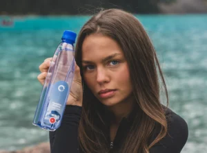 Woman sitting in front of blue glacial water while holding a One Water bottle.